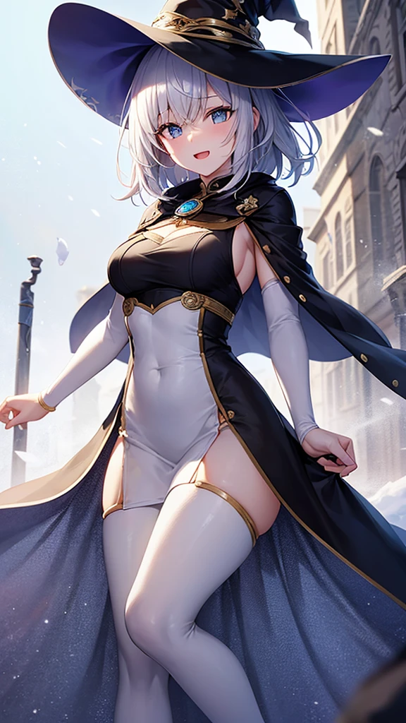 super high quality, with a girl, 20-year-old, very short hair, long bangs between the eyes, pale blue eyes , blue sky, sunlight, very detailed,(masterpiece、highest quality)、alone、gray hair、laughter、White skin as clear as snow、fantasy, silver hair, black eye, beautiful eyes,, ecstasy, charm, be smitten with audience, fantasyな風景、evening
