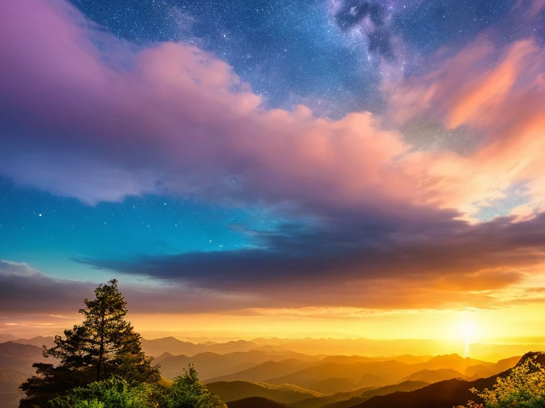 super high quality、super high quality、Award-winning work、best shot、16K、Meteors、Scenery that suits a gentle song、sunset、Mountain