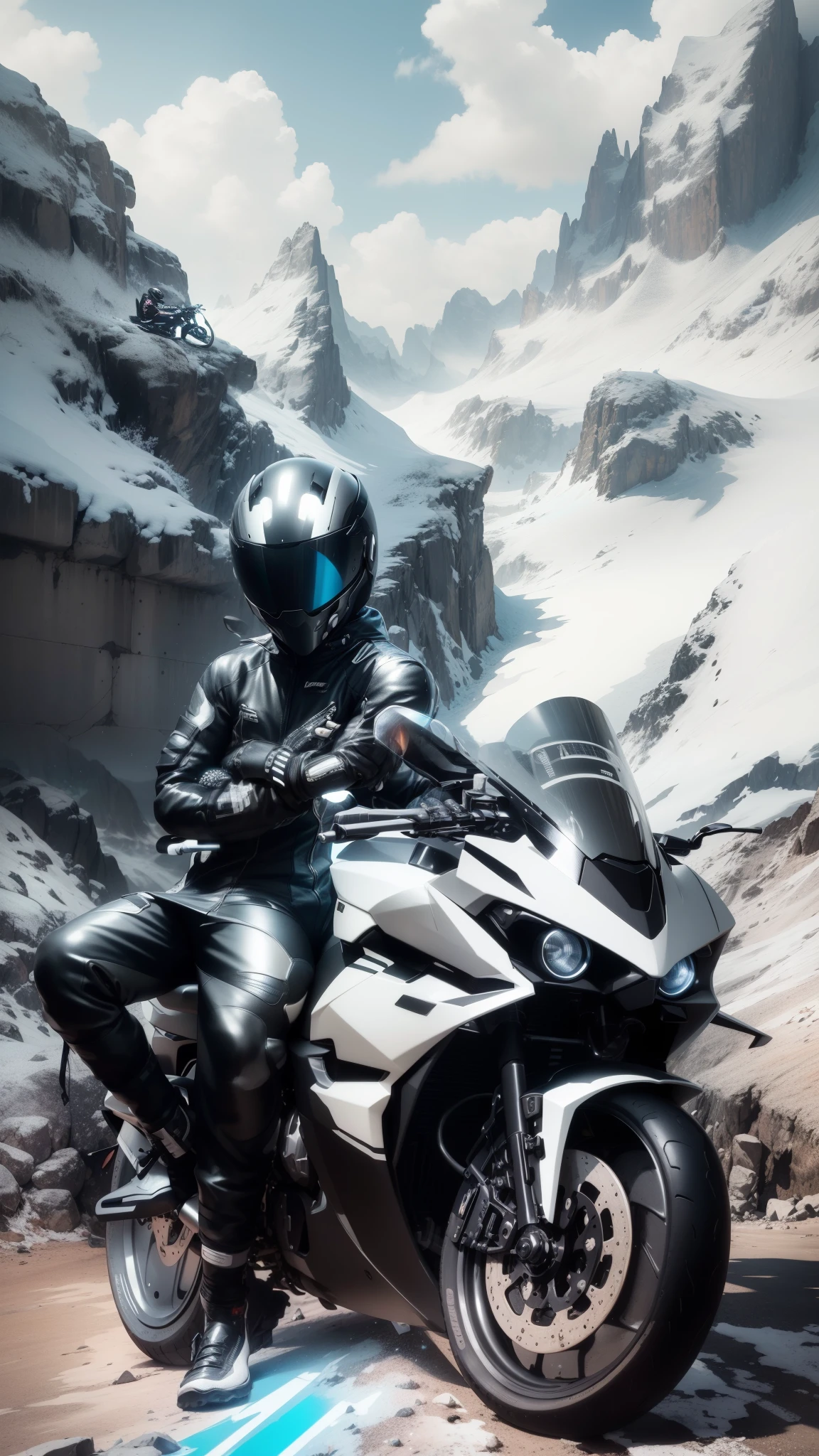 there is a man that is sitting on a motorcycle in the mountains, sitting on motorbike, riding a futuristic motorcycle, wearing space techwear, motorbiker, riding, biker, profile picture 1024px, picture of a male biker, future techwear, profile picture, lonely rider, sitting on a motorcycle, motorcycle, reflective suit, riding a motorcycle