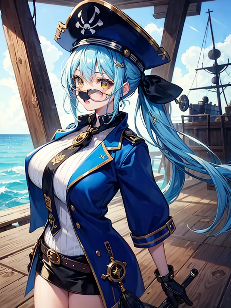 (((masterpiece、Highest image quality、highest quality、highly detailed unity 8kwallpaper)))、((Illustration of one girl、upper body))、(((beautiful girl)))、(female pirate)、(Light light blue hair、short ponytail:1.2、yellow eyes)、(((Right hand is a prosthetic hand、steampunk prosthetic arm)))、((tall))、bulky figure, massive frame, thick neck, sturdy arms, powerful legs、(captain's suit、Pirate hat、Blue coat)、pier