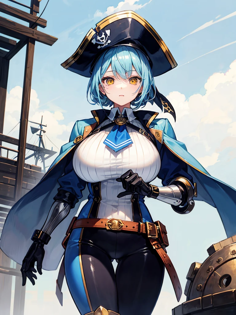 (((masterpiece、Highest image quality、highest quality、highly detailed unity 8kwallpaper)))、((Illustration of one girl、upper body))、(((beautiful girl)))、(female pirate)、(Light light blue hair、short ponytail:1.2、yellow eyes)、(((Right hand is a prosthetic hand、steampunk prosthetic arm)))、((tall))、bulky figure, massive frame, thick neck, sturdy arms, powerful legs、(captain's suit、Pirate hat、Blue coat)、pier