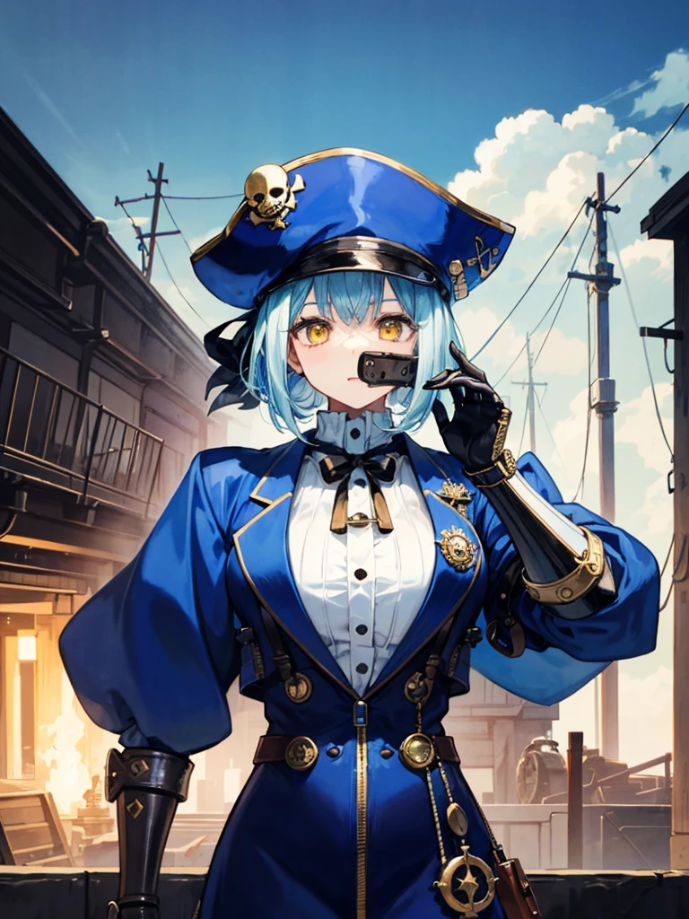 （（（masterpiece、Highest image quality、highest quality、highly detailed unity 8ｋwallpaper）））、（（Illustration of one girl、upper body））、（（（beautiful girl）））、（female pirate）、（Light light blue hair、short ponytail：1.2、yellow eyes）、（（（Right hand is a prosthetic hand、steampunk prosthetic arm）））、（（tall））、bulky figure, massive frame, thick neck, sturdy arms, powerful legs、（captain&#39;s suit、Pirate hat、Blue coat）、pier