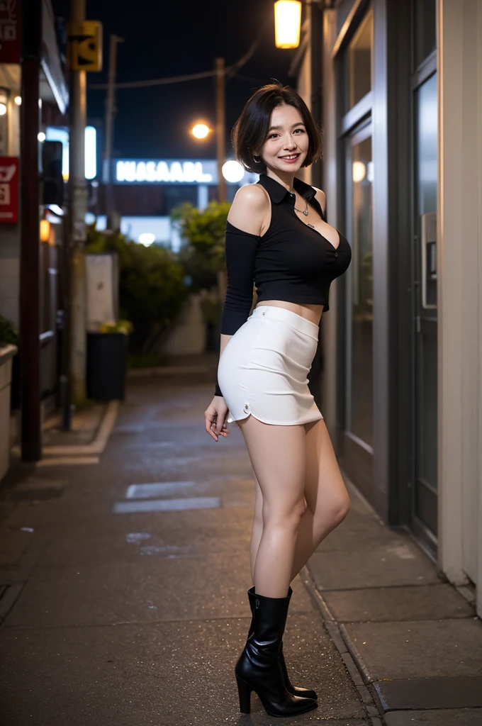 masterpiece, best quality, 16K, city, old woman, happy, smiling, standing, looking at viewer, front view, short hair, wave hair, black hair, eyes open, (makeup:1.31), (large breasts:1.32), (wrinkles corners eyes:1.48), (nasolabial:1.48), (old skin:1.48), pale skin, freckled skin, wrinkles skin, (old muscles:1.2), slender, (office lady, suit), (mini tight skirt), (collared shirt), (high-heels), piercing, necklace, boots, 50-year-old, old, elderly, japanese, outside, in the city, at night, real person, ultra realistic photo, nsfw, full body shot, front view