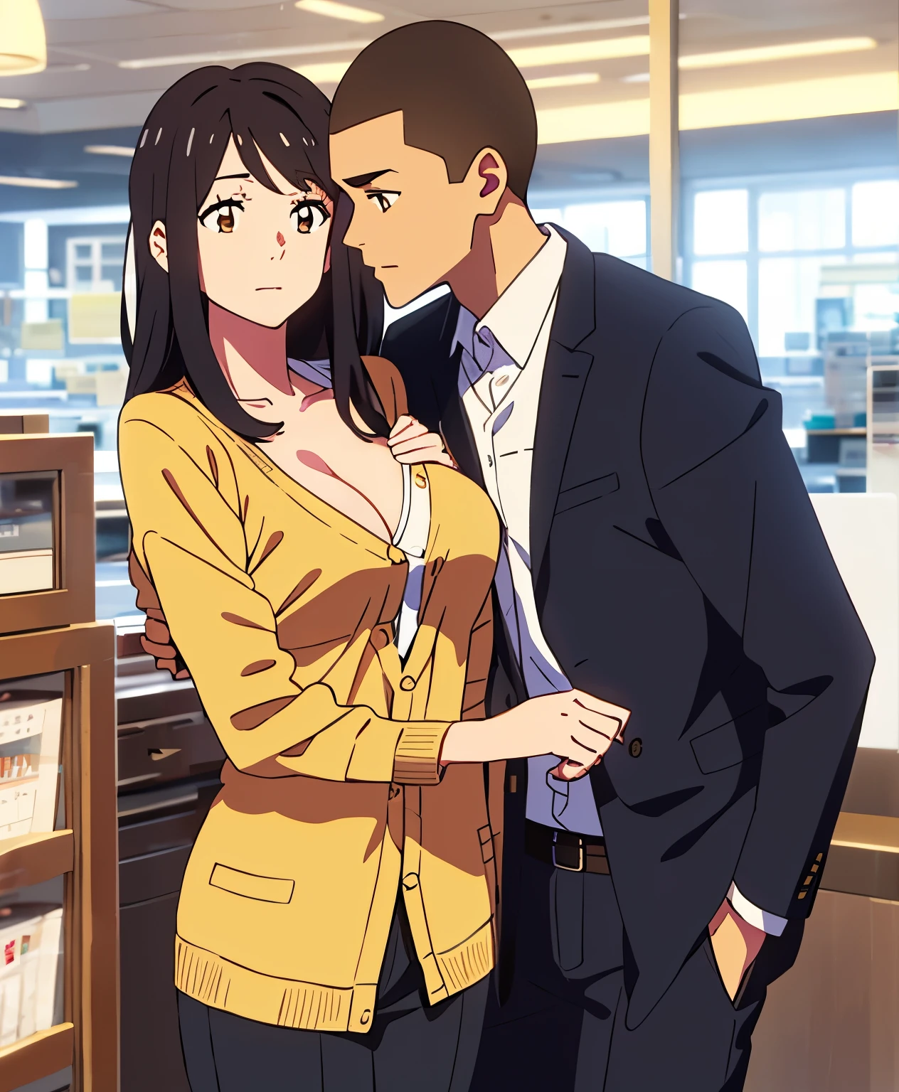 masterpiece:1.6, best quality), finely detailed beautiful eyes: 1.2), colorful, shinkai makoto, kimi no na wa., 1boy, buzzcut, muscular, brown eyes, office worker suit, boy caressing girl's body, breast groping, breast grope, hold breast, 1girl, bangs, black hair, brown eyes, waterfall braid, red ribbon, long hair, long sleeve light yellow cardigan, open shirt, yellow shirt, cleavage, breast, medium breast, black pants, indoors, jewelery shop, mall, cowboy shot, face to face