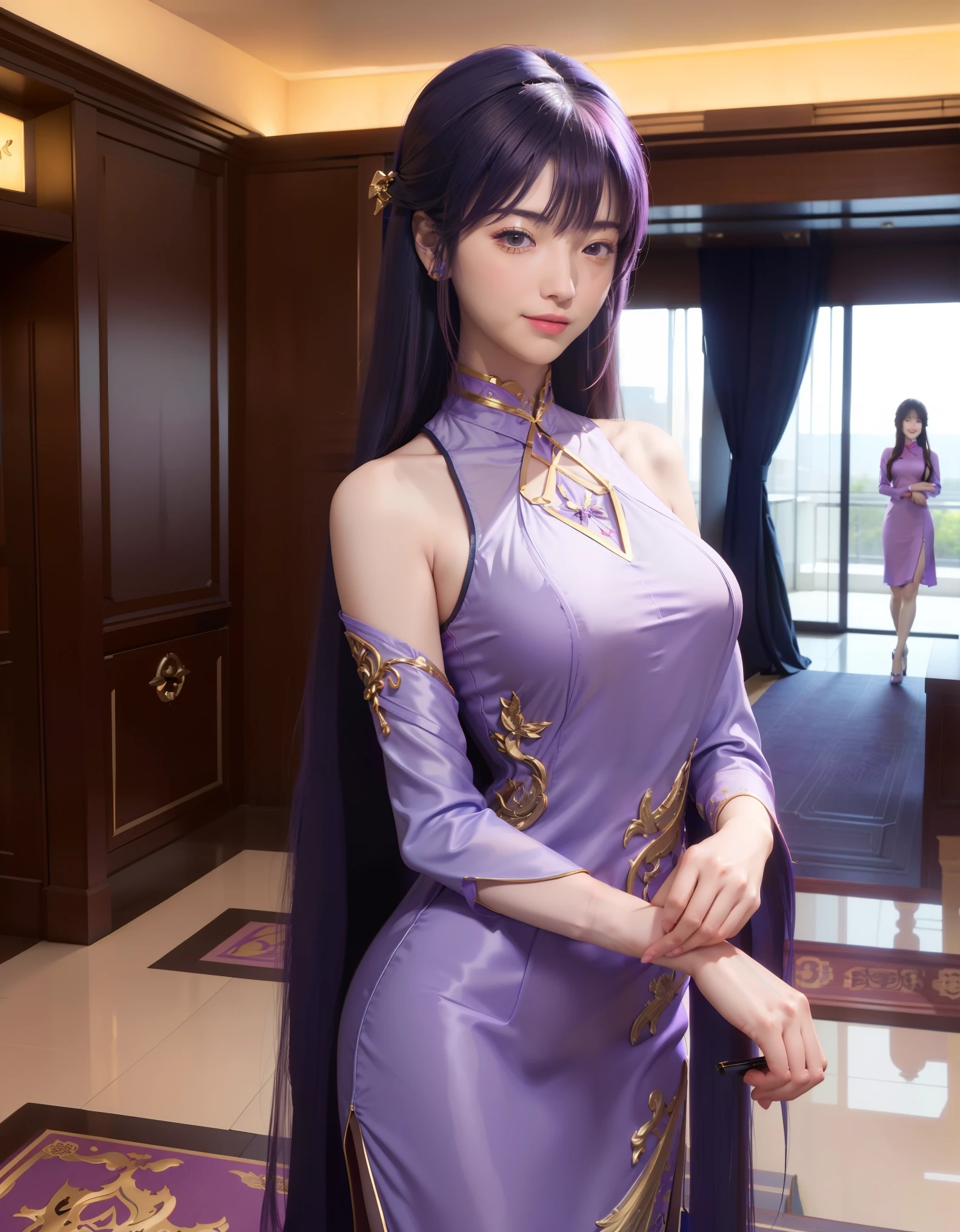 luxury hotel entrance indoors, 1lady solo mature female /(purple long hair/) bangs, blue embraided cheongsam, blush kind smile, (masterpiece best quality:1.3) delicate illustration high resolution ultra-detailed perfect face beautiful skin large breast, full body