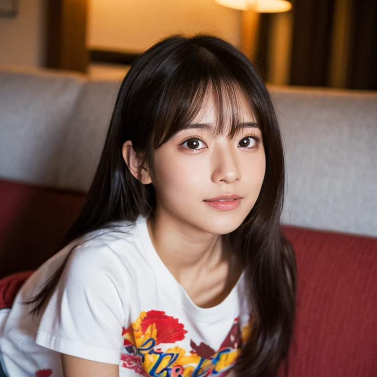 The face of a young Japanese woman posing like a model on a sofa. Focal length 100mmf/2.8, early winter night, living room on the upper floor of a tower apartment, plain T-shirt and shorts, close-up of eyes, film quality.