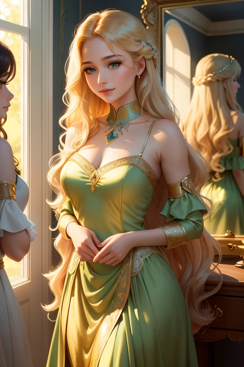 Une superbe belle fille au belle forme is a stunningly beautiful young woman with a graceful figure. She has long, wavy, golden hair that cascades down her shoulders, framing her radiant face. Her captivating green eyes sparkle with curiosity and intelligence. Dressed in an elegant gown, she stands before the mirror, admiring her reflection with a smile. The room is illuminated by soft, warm light that highlights her every feature, revealing the intricate details and flawless beauty of her delicate features. The background is a serene forest landscape, adding to the peaceful and enchanting atmosphere of this charming scene.