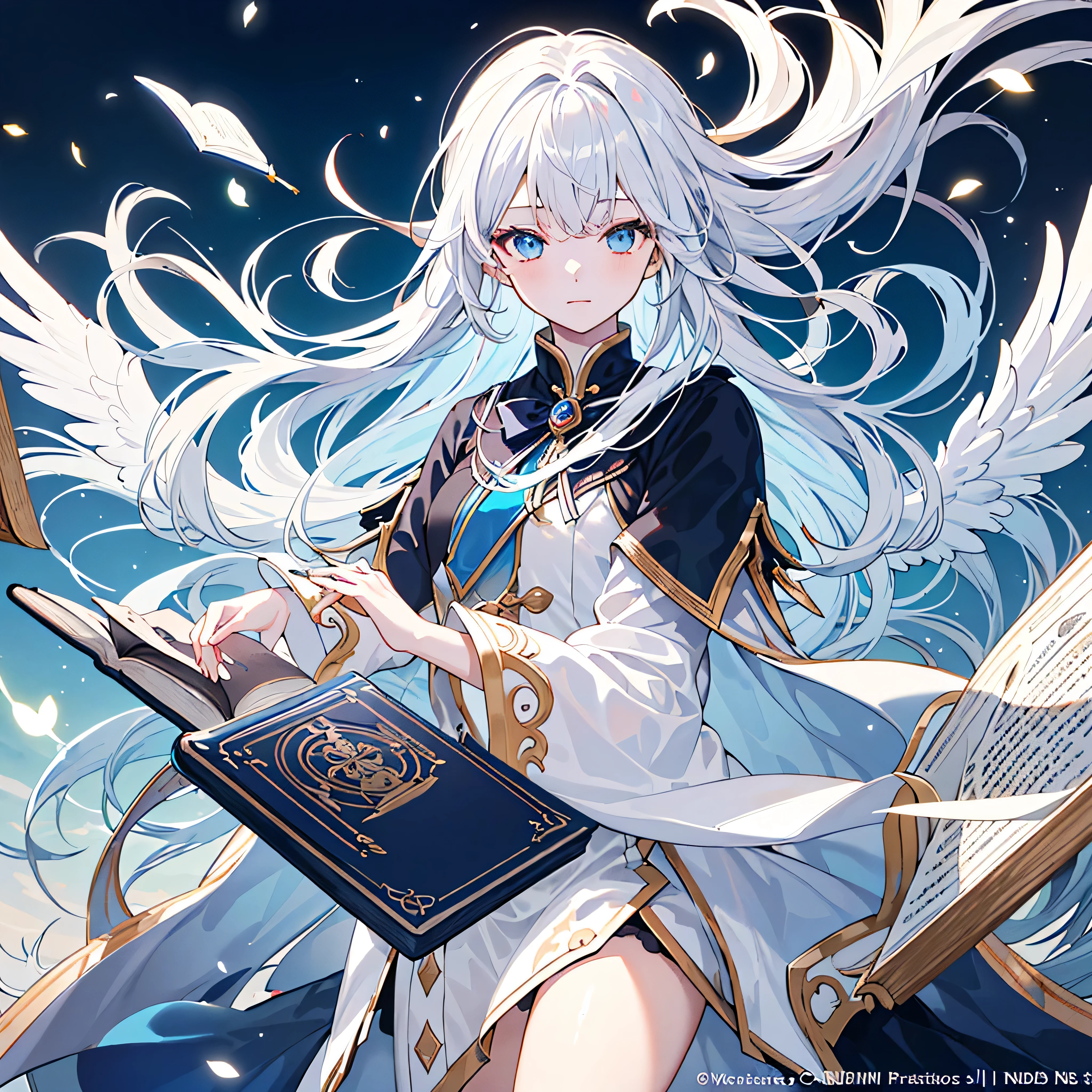 (Highest picture quality),(Master's wordecorationsd), (((1girl)))solo,long white hair,blue eyes, (no smile),best quality,finely detail,masterpiece, (magic book1.4),(ultra-detailed),(Detailed eye description1.2),(floating colorful wind1.
