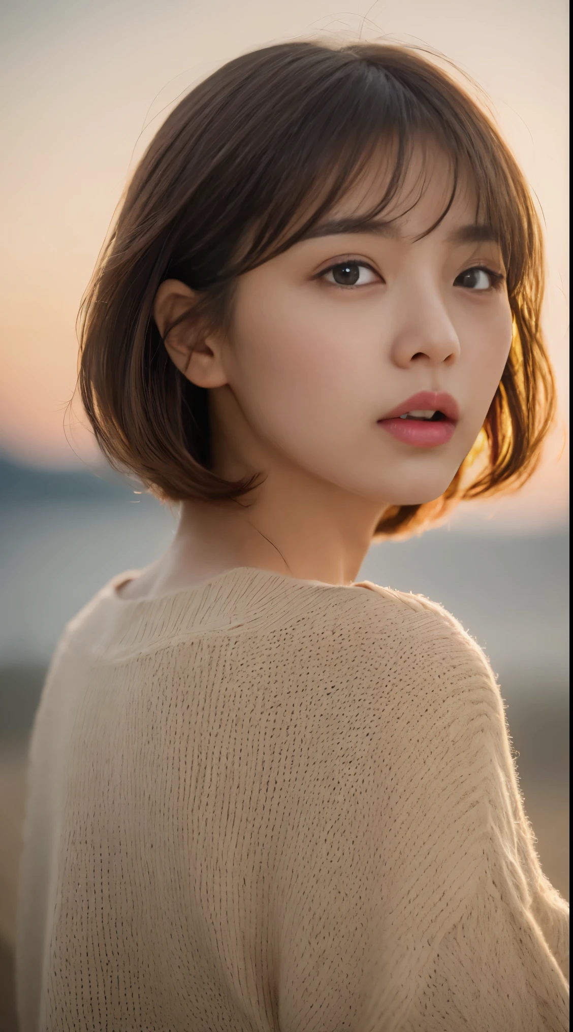 Short Hair Outdoor Fair Skin Disheveled Hair Open Mouth Japan Woman, So cute, soft face, brown hair, 8K resolution, surreal, Super fine, Night of soft body and firm butt, cup small ((highest resolution, 8K, masterpiece: 1.3)), Super fine Face, Super fine Lips, fine eyes, double eyelid