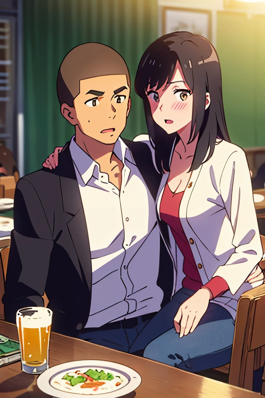 shinkai makoto, kimi no na wa., 1boy, buzzcut, office attire, boy's arms placed over girl's shoulder, drunk, boy sit beside girl, 1girl, bangs, black hair, brown eyes, open mouth, blush, twisted half up, red ribbon, long hair, long sleeve light yellow cardigan, open shirt, white shirt, cleavage, breast, medium breast, blue pants, drinking party,nomikai, table, food drinks, beer, indoors, masterpiece, perfect anatomy, cowboyshot,