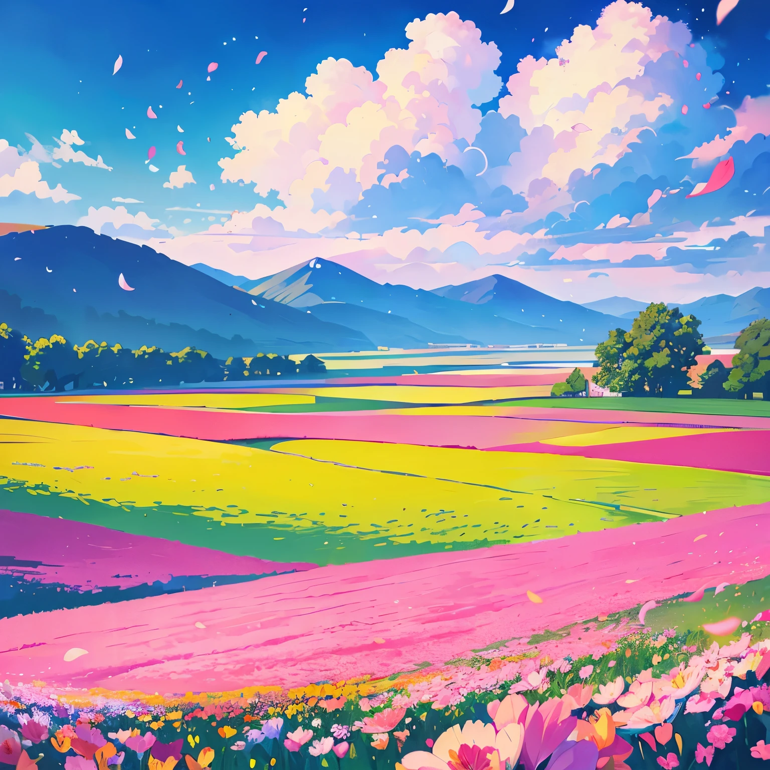 Masterpiece, Best Quality, 8K High Resolution, Detailed, Illustration, A field of flowers, full of flowers of various colors, Jigokutaku, (A very beautiful landscape with so many petals flying in the sky, Petals of various colors falling:1.4),