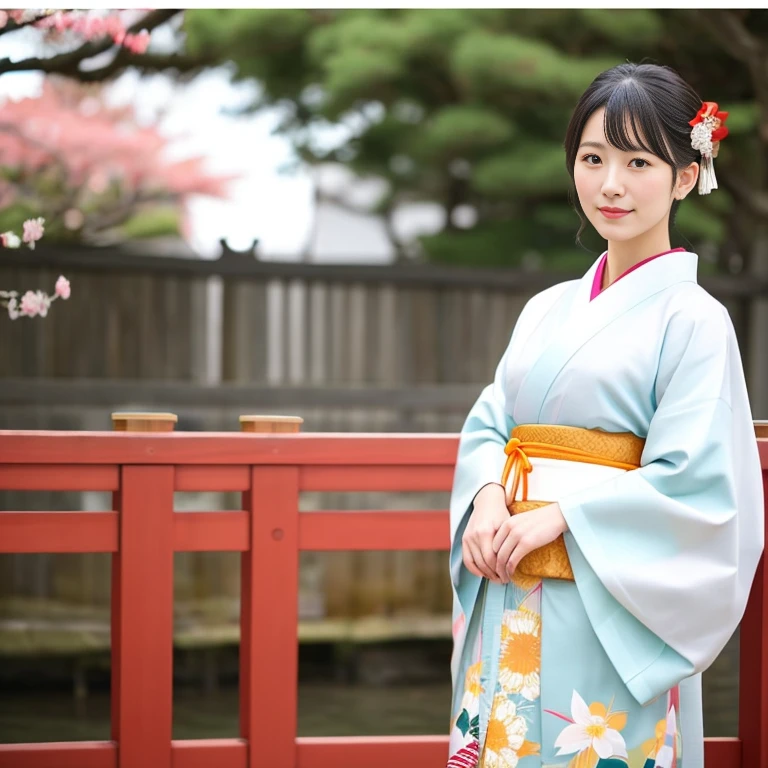 woman in traditional dress standing in front of a wooden fence, wearing royal kimono, pale and coloured kimono, in kimono, wearing a haori, elegant japanese woman, wearing kimono, wearing a kimono, classy yukata clothing, japanese kimono, in a kimono, kimono, wearing hakama, japaneese style, hakama kimono, traditional japanese, yukata clothing