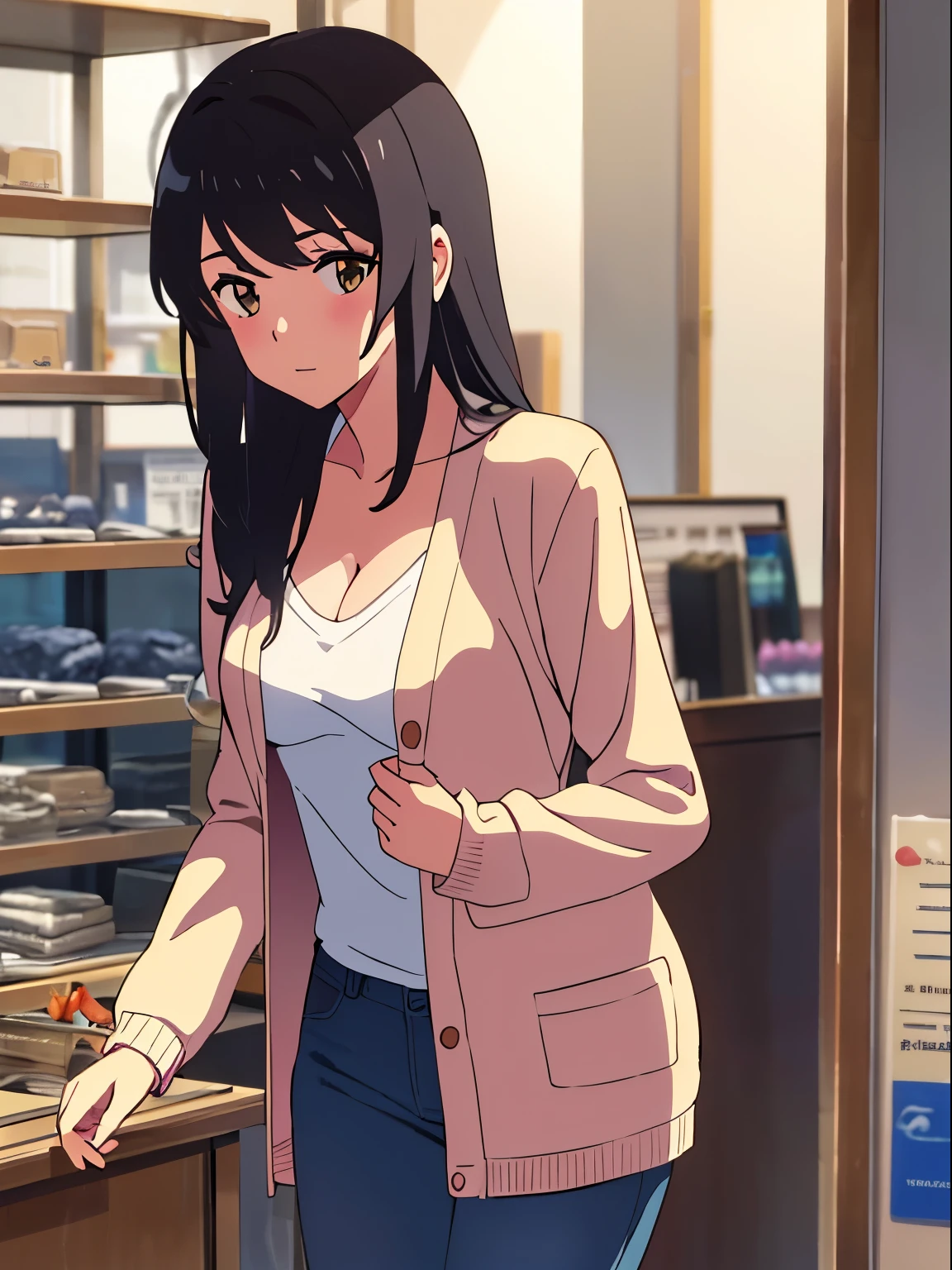shinkai makoto, kimi no na wa., 1boy, buzzcut, iffice suit,boy touching girl chest,chestgrope from behind, kiss cheeks, passionate hug, boy is hugging from behind, 1girl, bangs, black hair, brown eyes, twisted half up, red ribbon, long hair, long sleeve light yellow cardigan, open shirt, white shirt, cleavage, breast, medium breast, blue pants, name tag written "LUMINE Miyamizu", looking at the viewer, indoors, jewelry shop, indoors, mallmasterpiece, perfect anatomy, cowboyshot,
