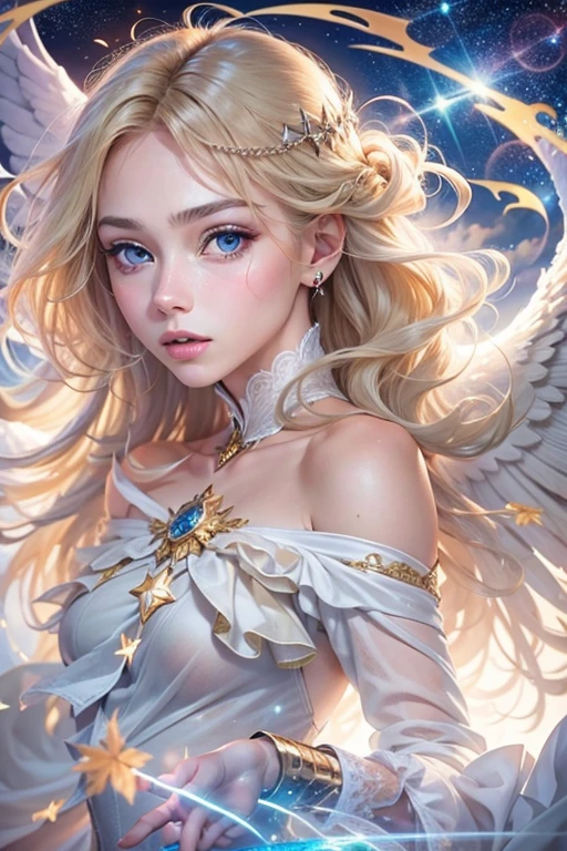 full body photo, mulher Angel 25 anos de idade, blonde, (blonde), ((頭の上のAngelの光輪)) blue eyes, clear eyes, fine eyes, beautiful face, delicate face, transparent white dress, lying in the clouds, Fly through the clouds, Angel, asas de Angel, milky way, heaven, sparkling aura, Concentration, Crackling energy, mysterious symbol, sparkling moat, (masterpiece), (better quality:1.4), disorganized, [:intricate details:0.2], ((looking at the viewer))