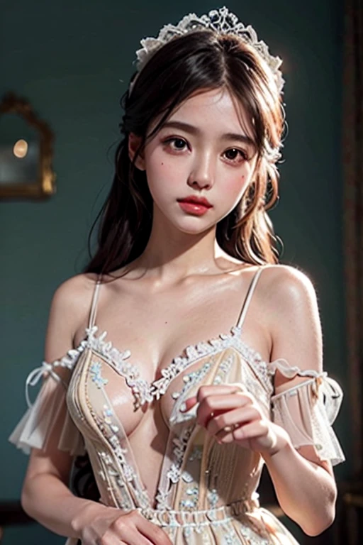 best quality, ultra-detailed, realistic, professional, soft lighting, pastel colors, dreamy background, delicate lace, floral embellishments, doll-like appearance, elegant pose, intricate details, glossy finish, ethereal atmosphere, whimsical, light-hearted.