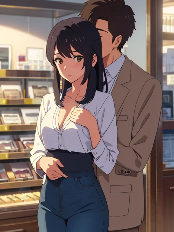 shinkai makoto, kimi no na wa., 1boy, buzzcut, iffice suit,boy touching girl chest,chestgrope from behind, kiss cheeks, passionate hug, boy is hugging from behind, 1girl, bangs, black hair, brown eyes, twisted half up, red ribbon, long hair, long sleeve light yellow cardigan, open shirt, white shirt, cleavage, breast, medium breast, blue pants, name tag written "LUMINE Miyamizu", looking at the viewer, indoors, jewelry shop, indoors, mallmasterpiece, perfect anatomy, cowboyshot,
