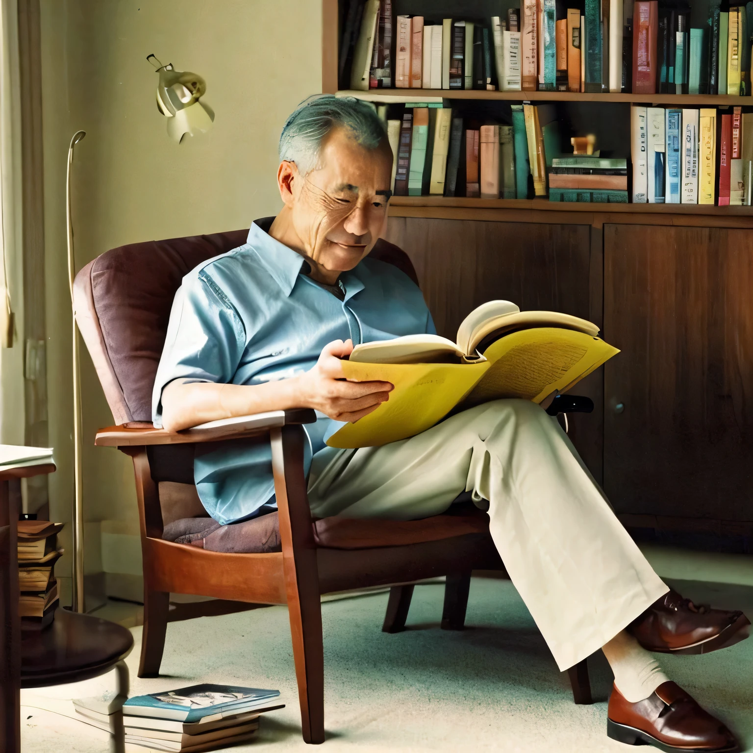 image of a man sitting on a chair, read a book and relax。I'm about 40 years old