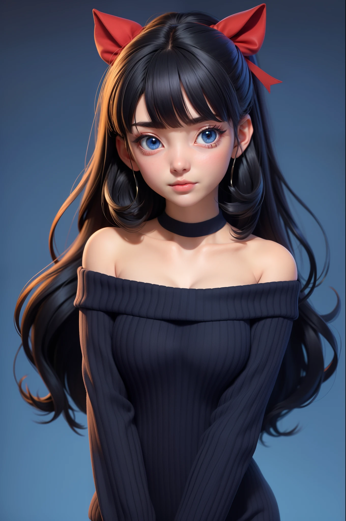 1 girl, Rin Harusaka, alone, Off the shoulder dress,long hair, sweater, red sweater, looking at the audience, blue background, black hair, simple background, sides up, 高领sweater, blue eyes, lips, Keep your mouth shut, ribbon, hair ribbon, Bangs, 高领sweater sweater, Upper body, parted Bangs, black ribbon, ribbed sweater, Double tail, nose,cleavage