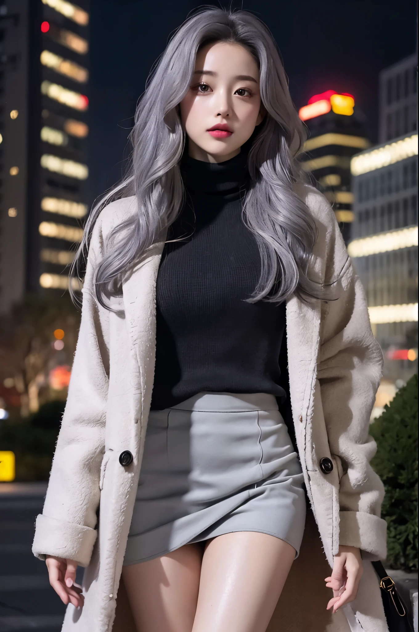 realistic, High resolution, 1 female, glowing skin, alone, wide lips,long hair,wavy hair, hip up,saggy breasts,small face,Gray color hair,Color Contacts,Turtleneck sweater,Tight Skirt,Wear a long coat,City of night