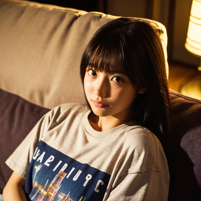 The face of a young Japanese woman posing like a model on a sofa. Focal length 100mmf/2.8, early winter night, living room on the upper floor of a tower apartment, plain T-shirt and shorts, close-up of eyes, film quality.