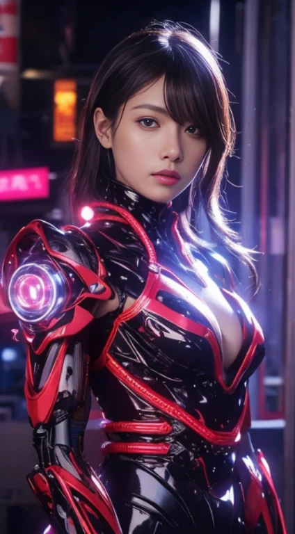 Top Quality, Masterpiece, Ultra High Resolution, (Photorealistic: 1.4), Raw Photo, 1 Girl, Black Hair, Glossy Skin, 1 Mechanical Girl, (Ultra Realistic Detail)), Portrait, Global Illumination, Shadows, Octane Rendering, 8K, Ultra Sharp, Big, Cleavage Exposed Raw Skin, Metal, Intricate Ornament Details, Japan Details, Very intricate details, realistic light, CGSoation trend, purple eyes, glowing eyes, facing the camera, neon details, mechanical limbs, blood vessels connected to the tube, mechanical vertebrae attached to the back, mechanical cervical attachment to the neck, sitting, wires and cables connecting to the head, gundam, small LED lamps,
