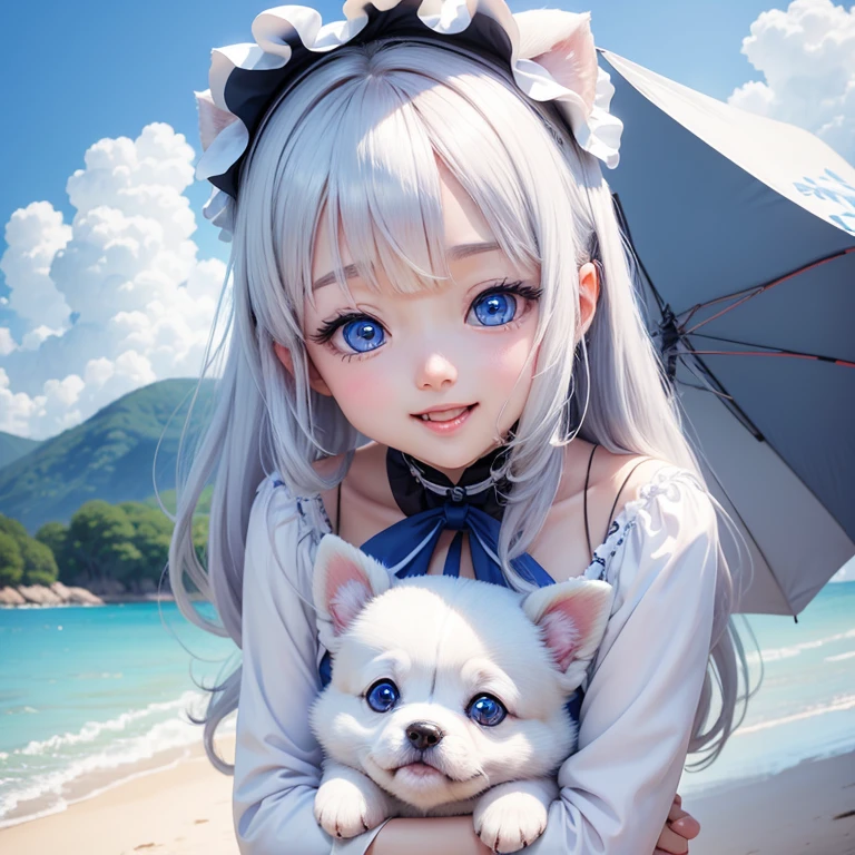 very cute anime ai puppy, White, blue eyes, beautiful background. Laughter、