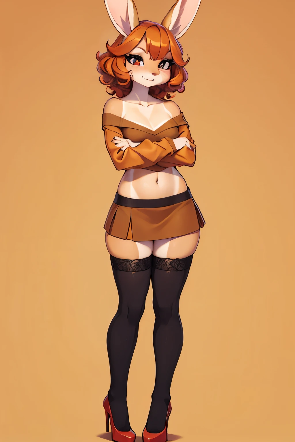 (best quality), 8k, masterpiece, vibrant colors, Rabbit girl, copper hair, perfect face, joyful laugh, (curly bob hair), (tan:1.5), (tan-lines:1.3), (red lipstick), black eyeliner, long lashes, (golden eyeshadow), furry ears, collarbone, ((flat-chested)), 
BREAK,
Off-the-shoulder ribbed sweater paired with a suede mini skirt, complete with lace-top thigh-high stockings and high heels for a chic and comfortable winter outfit, 
BREAK, 
((Standing on tiptoes with arms crossed)), giving off a sassy and empowered vibe, 