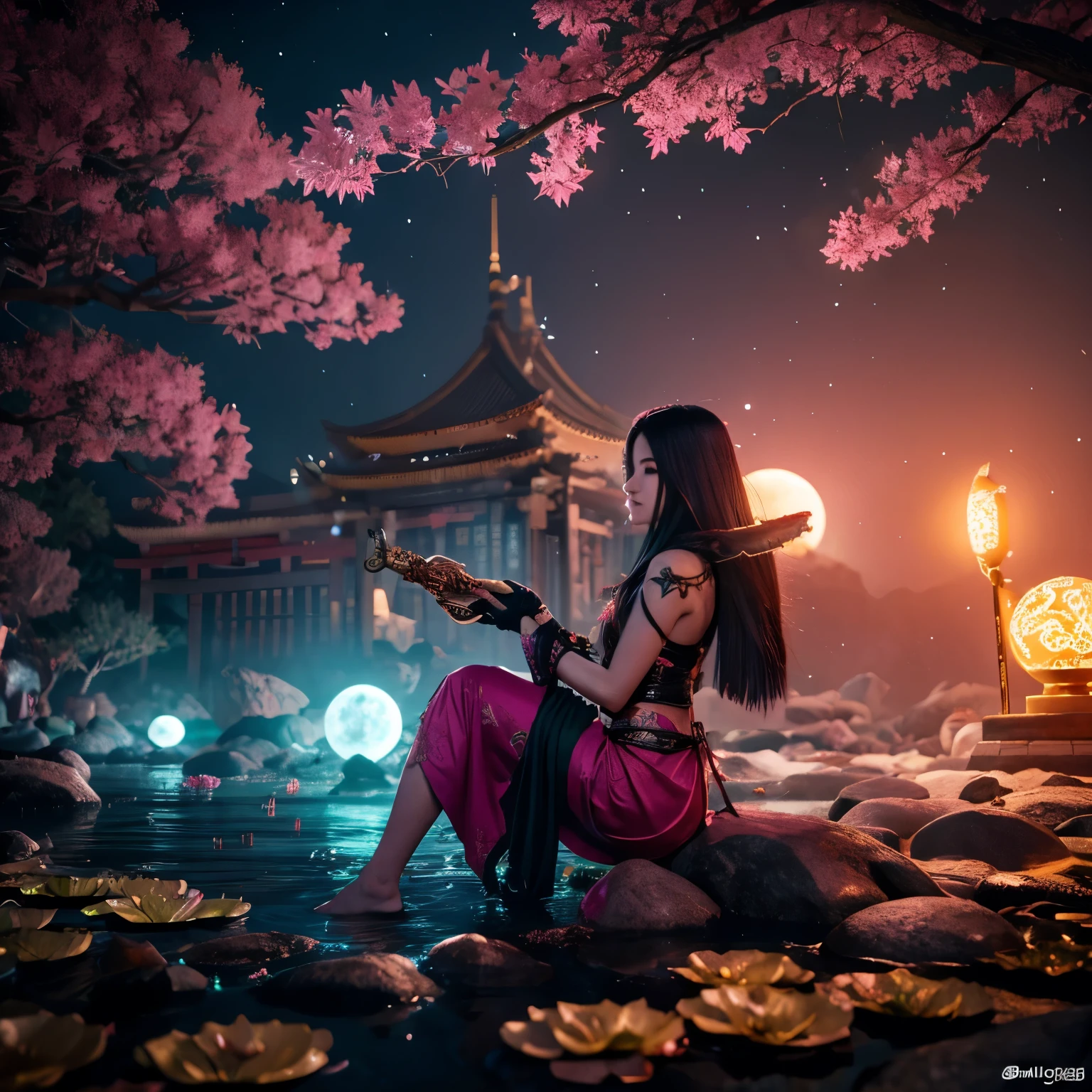 elden ring style, oriental mythology, Asia, Japan, dragon destroys ancient civilization, night, spring, moon art, art by artstation cinematic, be familiar with, rtx, 8K, HDR,The lotus shines pink in the moon