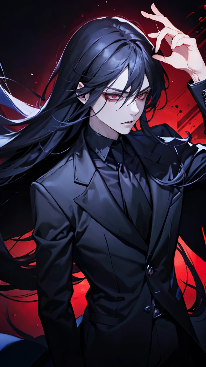 (best quality), 1man,Masculinity,One with long black hair,red eyes,vampire,Open your mouth to show your fangs,Gorgeous dark atmosphere, Wear a black suit,late night