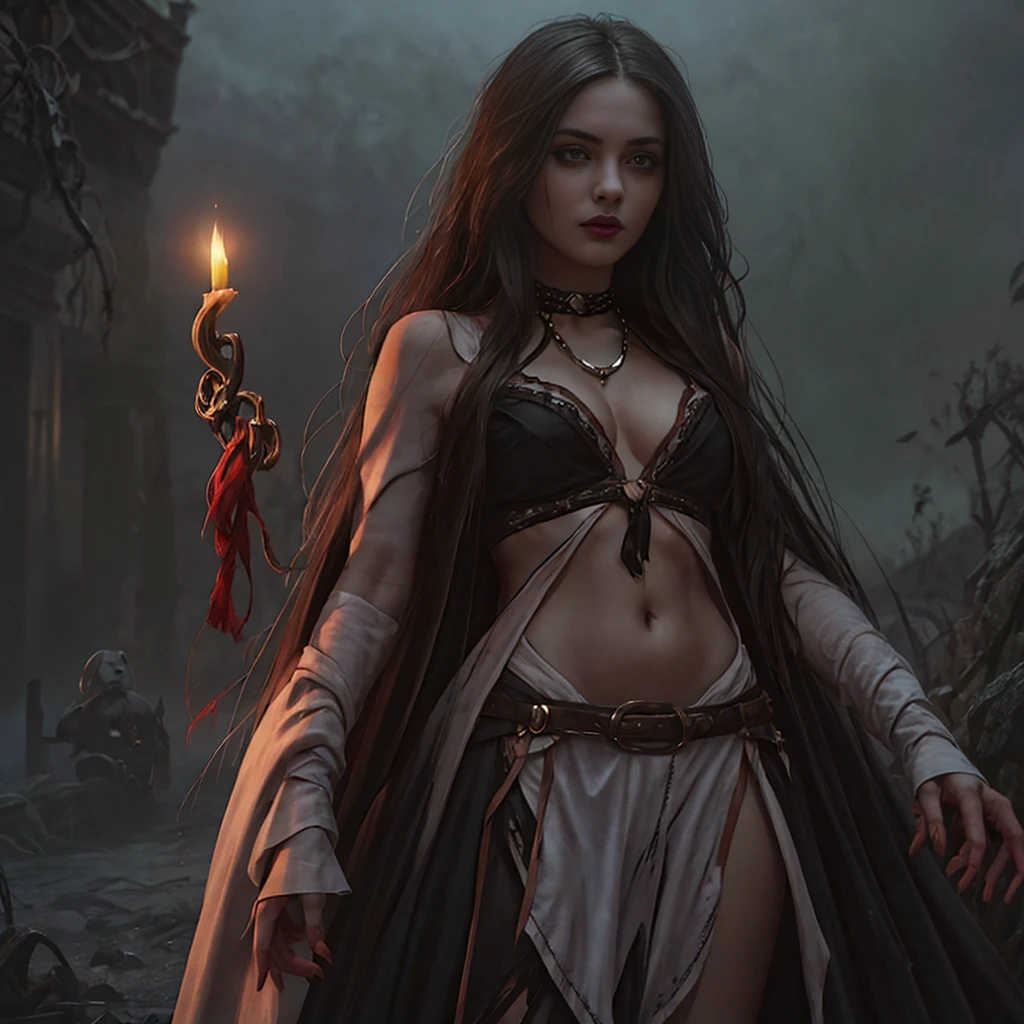 Generate (establishing-shot:1.5) (point-of-view:1.5) an image of an exceptionally attractive (young) (youthful) [goth] [emo] girl [countess bathory] standing in a gloomy transylvania village at night. In the distance, an eerie-looking castle looms on a hill, creating a haunting and atmospheric backdrop. The vampire girl possesses an alluring and strikingly (slim:1.5), (skinny) yet fit physique and [pale skin]. Her figure exudes grace and sensuality, with well-defined curves and a toned body. She has sleek, straight, short raven-black hair that flows to her shoulders, adding an element of allure and mystery to her appearance. Her (small breasts) are beautifully shaped, featuring centered 3D nipples on perfectly round areolas. Her slender form reveals visible abdominal muscles and defined hip bones, while her concave belly adds to her captivating charm and smooth abdomen. Her derriere accentuates her curves in a subtle and enticing manner. Her green eyes, upturned and set two inches apart, with a seductive, hypnotizing gaze that draws you in. Long, full eyelashes frame her eyes, enhanced with black eyeshadow and eyeliner, adding to her already beguiling allure. Her youthful delicate radiant (round face) is a masterpiece of delicate proportions, featuring a small nose and high cheekbones that add an elegant touch. Her [small heart shaped lips] in [mischievous smile], with a narrow appearance, are glossy bloody red and parted in a seductive pout, revealing pearly white (fangs) that radiate lust and charm. Wearing tattered [tunic] and black [choker] and silver locket In this eerie village scene, the night is shrouded in darkness, with fog rolling through the winding dark cobblestone street by the [gallows]. Dimly lit moon cast a faint, eerie glow, creating an unsettling ambiance. The girl in tempting (seductive pose) by the [gallows] at the heart of this atmospheric setting, emanating an aura of enigmatic allure and supernatural power. 
