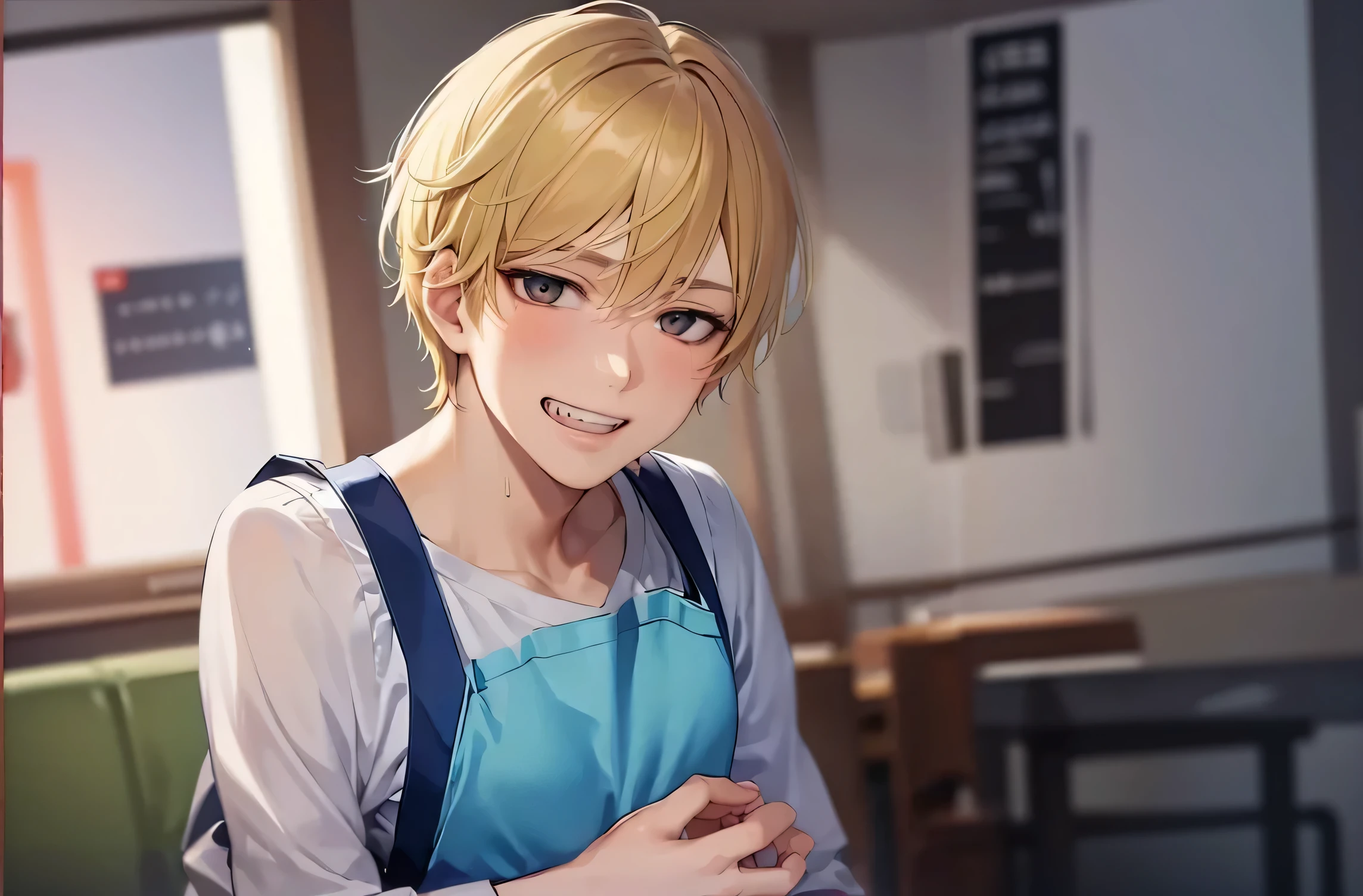 The background is a conference room、wall