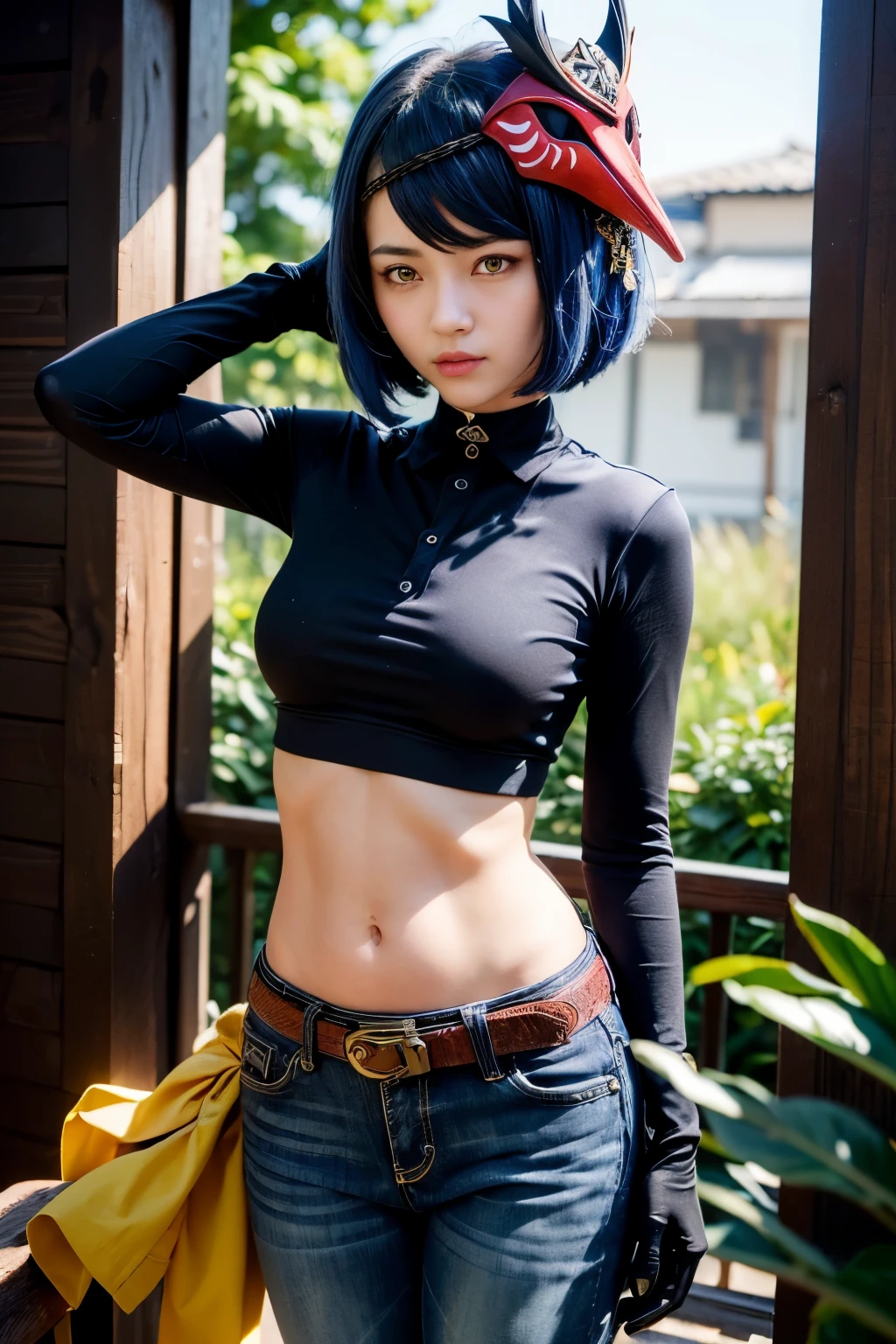 1girl, ((black long sleeved polo shirt, long dark blue jeans, iron belt), (midriff, navel), looking
at viewer, happy face, garden, fashion pose, (kujou sara:1.3), mask on head, blue hair, short hair, yellow eyes, (cinematic lighting, best quality, master
piece, anatomically correct, detailed textured skin, high details, best quality, highres, HD,
4K, 8k, super detail),(kujou sara:1.3), mask on head, blue hair, short hair, yellow eyes, tassel, gloves