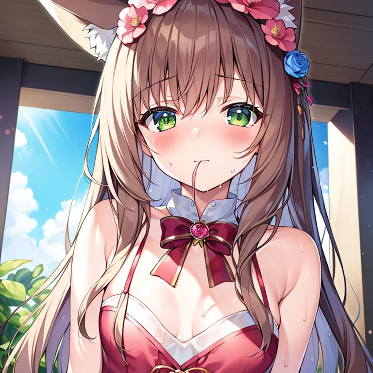 (masterpiece, highest quality, High resolution), 1 girl, alone, Oversized fox tail，long brown hair，green eyes，small flower headdress, (13 years old, junior high school student)，modern architecture，(blush:1.3),showing , , pink ,appear ,wet body , mature woman, upper body close-up，open your mouth_white discharge, unidentified pus，