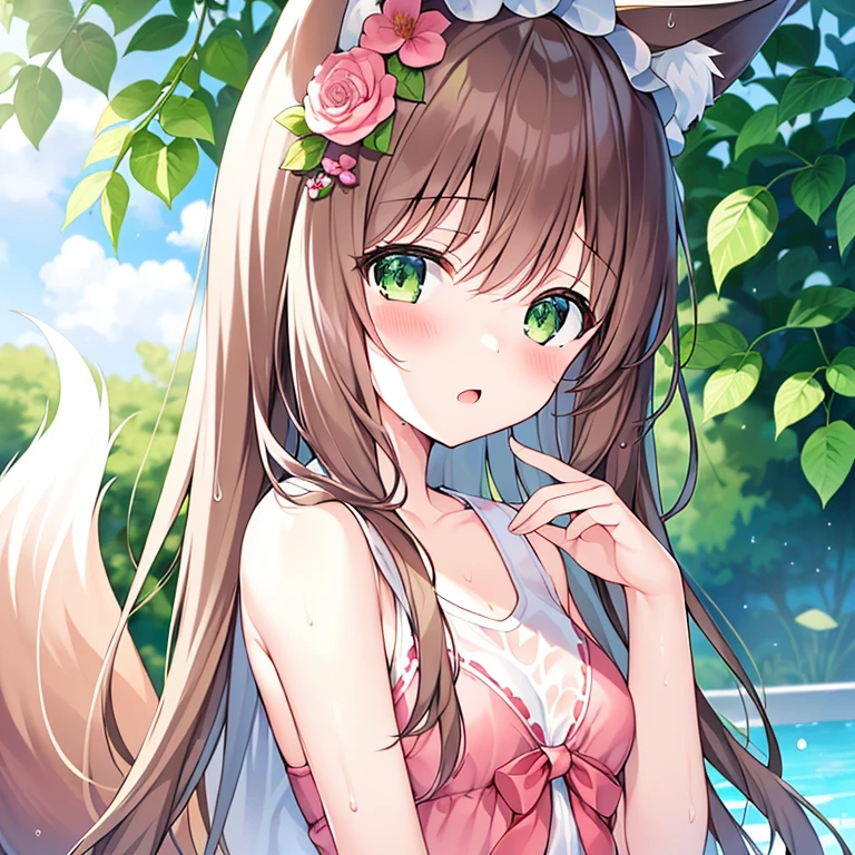 (masterpiece, highest quality, High resolution), 1 girl, alone, Oversized fox tail，long brown hair，green eyes，small flower headdress, (, junior high hitecture，(blush:1.3),showing , , pink ,appear ,wet body , mature woman, upper body close-up，open your mouth_white discharge, unidentified pus，