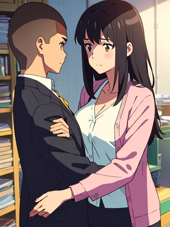 shinkai makoto, kimi no na wa., 1boy, buzzcut,office suit, boy caressing girl's body, sexual harassment, passionate hug, 1girl, bangs, black hair, brown eyes, Twisted Half Up, red ribbon, long hair, long sleeve light pink cardigan, open shirt, yellow shirt, cleavage, breast, medium breast, storage room, indoors, masterpiece, perfect anatomy, cowboyshot