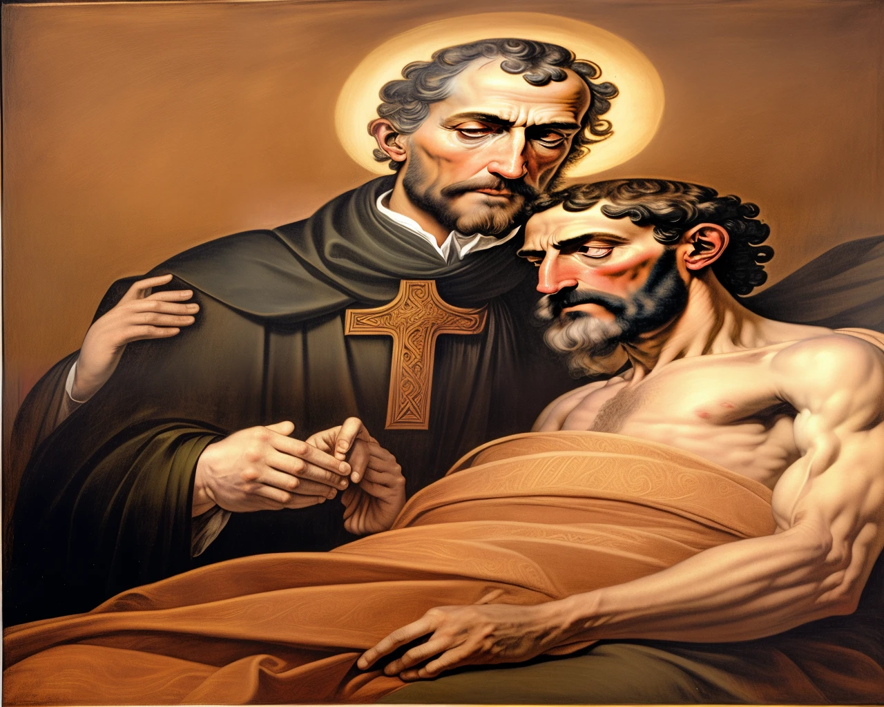 pintura de um homem segurando uma cruz e um homem deitado na cama, inspirado em Cagnaccio di San Pietro, Direction: Hans Memling, inspirado em El Greco, inspired Direction: Hans Memling, retrato de santo da cova, Carvaggio, inspirado em Charles McAuley, Rutkowski e Caravaggio, inspirado em Tommaso Masaccio