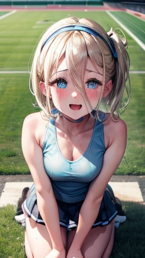 Highly detailed image 8k European  Beautiful girl Blonde Short hair Small breasts Beautiful legs Blushing Sweating outside Athletics On all fours Top view Mouth wide open, Sticking out tongue, white skin, regretful expression, looking at camera