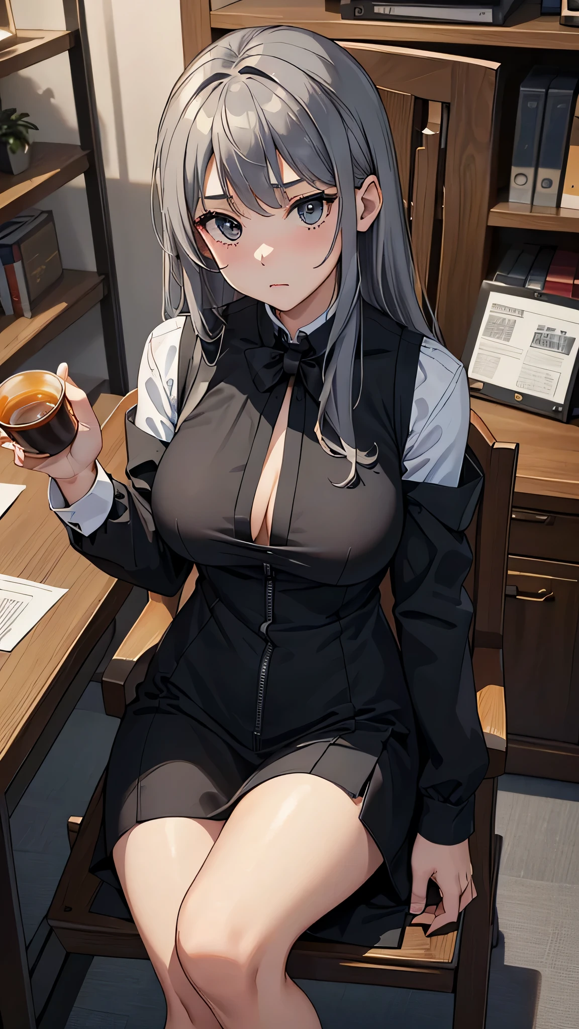 最high quality、best image quality、masterpiece、age girl((18-year-old、 By becoming、vest bust、medium bust,wide open breast tea、black eye, gray hair、long hair、thin,highest valley、Black Y-shirt、Black Recruit Suit,Have a document、face forward、sit on a chair、Uncomfortable、take one day off'jaw on one'jaw)),high quality、beautiful art、background((company office))debris flies、Depth of written boundary、movie、visual art、perfect art、8K,genuine