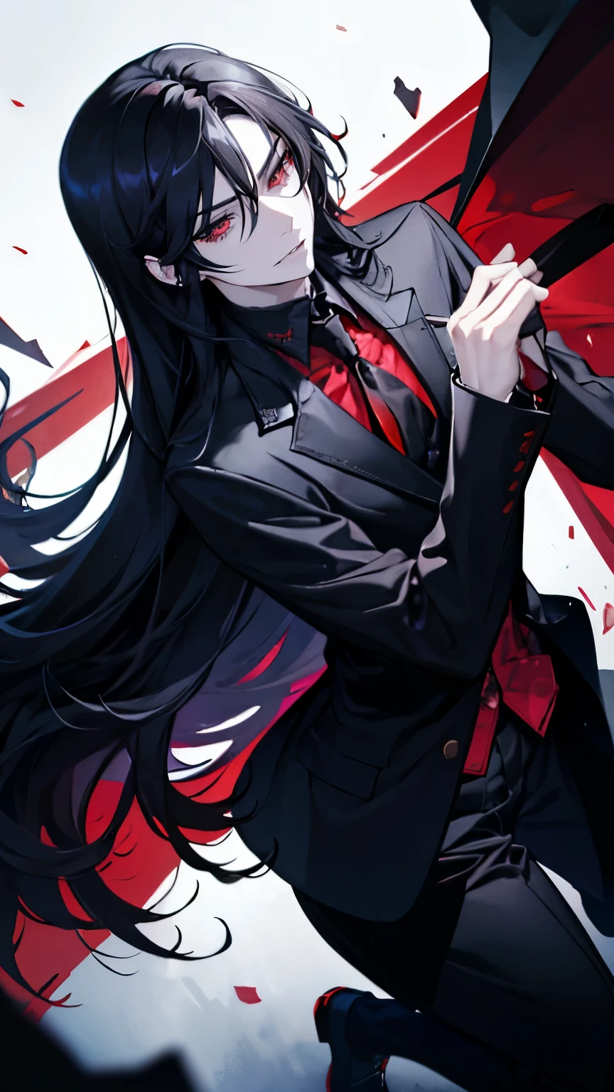 (best quality), 1man，Masculinity，One with long black hair，red eyes，vampire，Open your mouth to show your fangs，Gorgeous dark atmosphere, Wear a black suit，late night