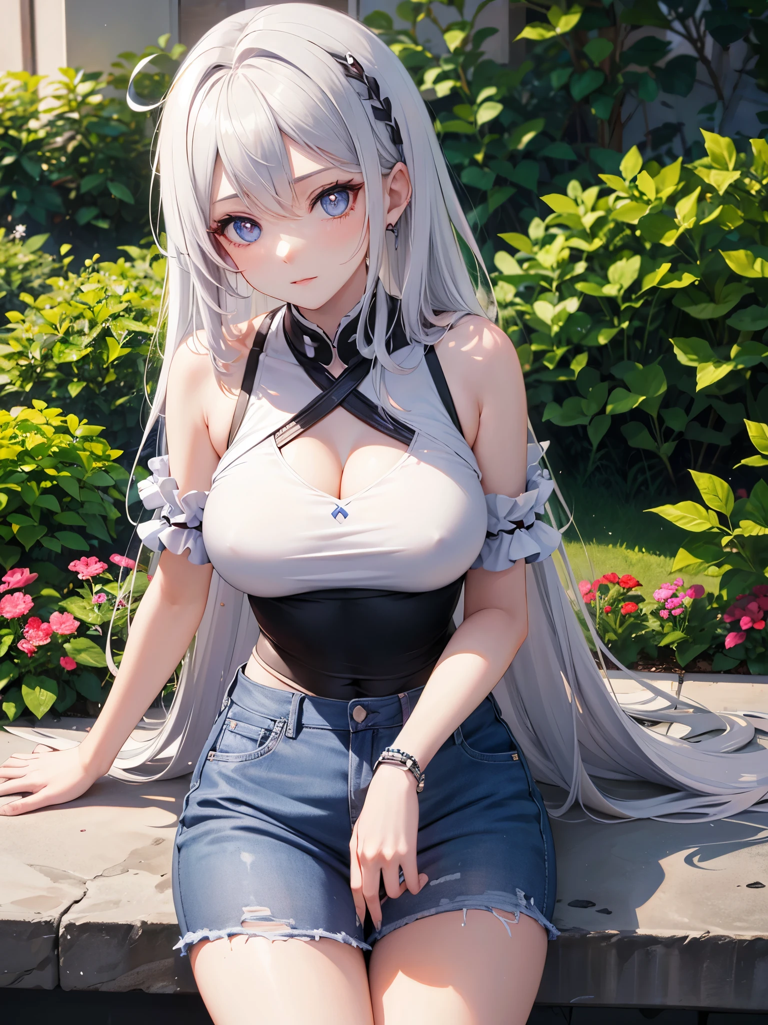 Kiana kaslana, big breast, wearing jeans and tank top, garden