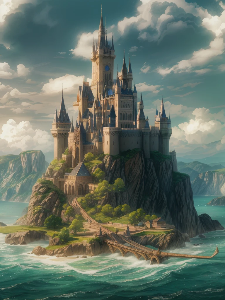 (((masterpiece、Highest image quality、highest quality、highly detailed unity 8kwallpaper)))、(A castle on a lonely island)、tower