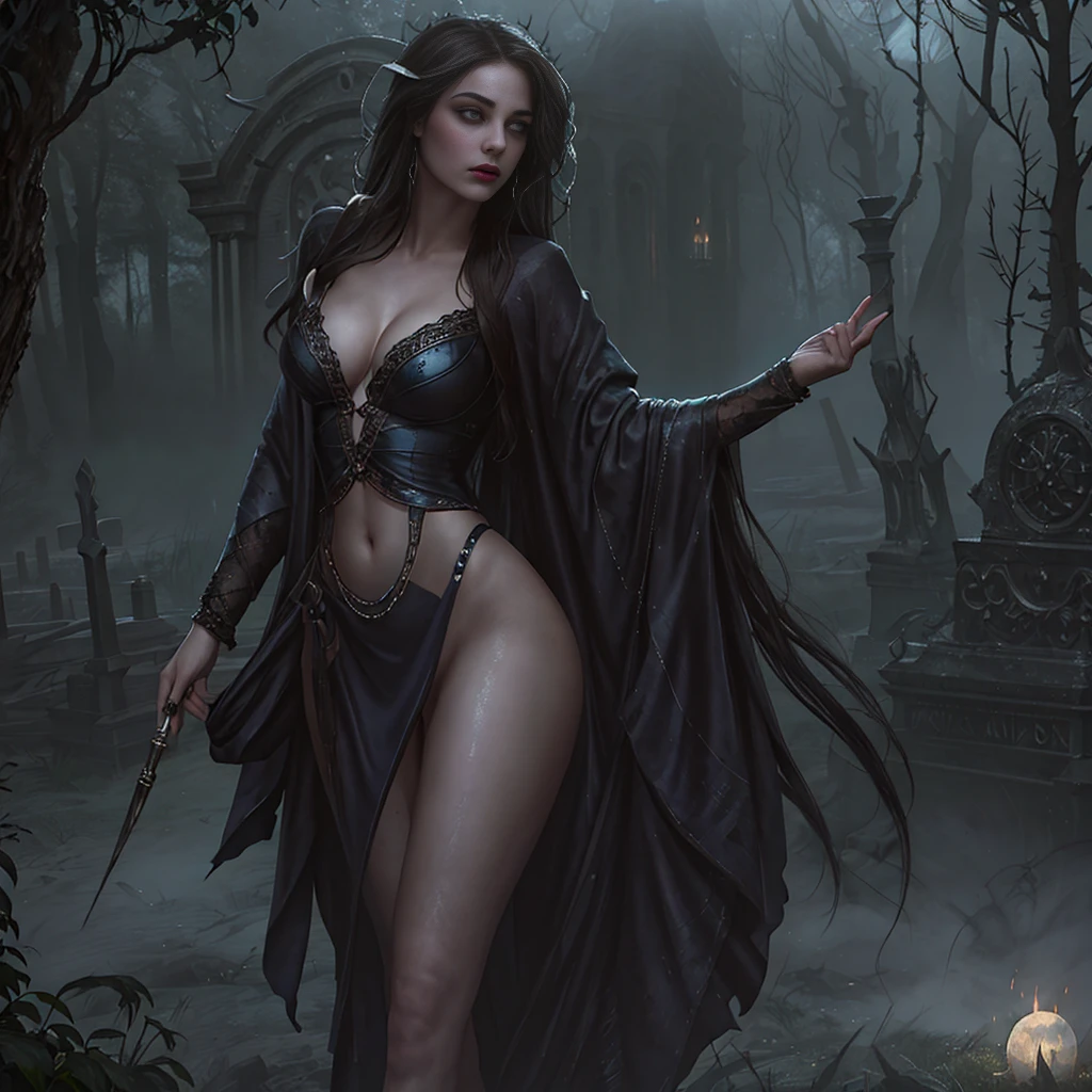 In the eerie and gothic ambiance of a moonlit cemetery, envision a solitary woman, her presence shrouded in both sorrow and allure, leaning gracefully against a crumbling mausoleum. Picture this desolate scene as the full moon casts an ethereal glow upon the decaying tombstones, their once-mighty inscriptions now obscured by time and overgrown ivy. A thick, ghostly fog blankets the ground, lending an otherworldly stillness to the night, and the restless souls of the departed seem to whisper in the fog. On this grim stage, a lone woman leans with haunting grace against the moss-covered mausoleum, her striking beauty contrasting starkly with the surroundings. Her form, [delicate and enchanting], seems almost otherworldly in this somber place. She possesses slim [skinny figure] that grace her [slender form] with toned concave belly and smooth abdomen and [small breasts] a [narrow waist], and [graceful legs], her every movement a captivating dance. Her face, bathed in the moon's pale light and softened by the fog's eerie embrace, boasts a [fair complexion] with clean smooth shiny skin, a canvas for emotions to play. A [soft, enigmatic jawline] adds to her allure, tracing the contours of [rosy cheeks] marked with [subtle blush], an enigmatic hint of secrets and passions. Her features are exquisite, with [a finely sculpted chin], and [delicate cheekbones] that add to her mystique. Her [nose, slightly upturned at the tip], adds to her charm, and her [charmingly full lips], parted ever so slightly, convey an air of enigmatic allure, their natural beauty enhanced by [deep red lipstick]. Her eyes hold a [hypnotic gaze], the [deep azure] of her irises contrasting beautifully against the fog. Her [arched, alluring eyebrows] frame her gaze, inviting those who dare to delve into the depths of her soul. [Long, alluring eyelashes] and [subtle, smoky eyeliner] hint at a life steeped in shadows, and her [enigmatic smile] holds the power to both enchant and haunt.
