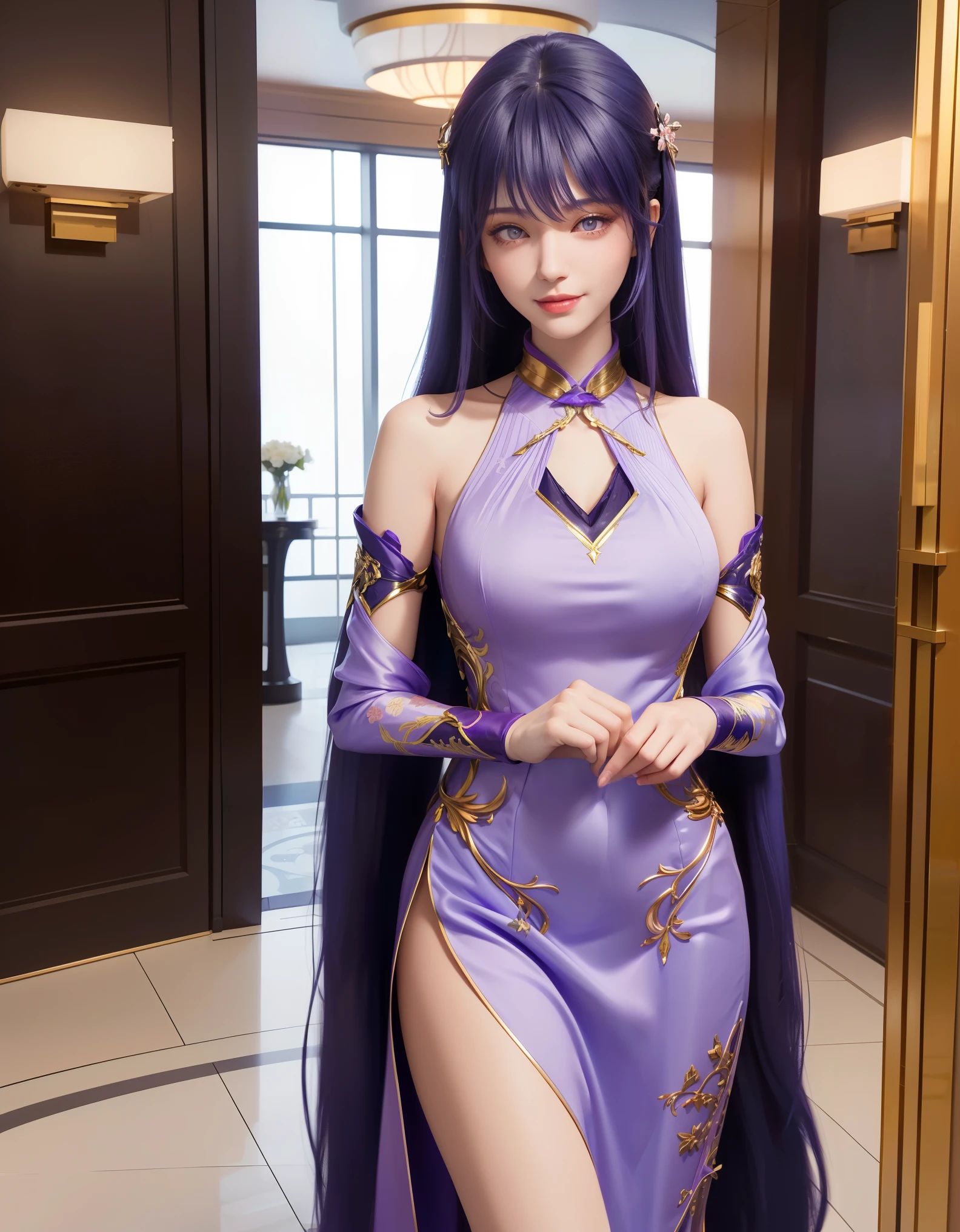 luxury hotel entrance indoors, 1lady solo mature female /(purple long hair/) bangs, blue embraided cheongsam, blush kind smile, (masterpiece best quality:1.3) delicate illustration high resolution ultra-detailed perfect face beautiful skin large breast, full body