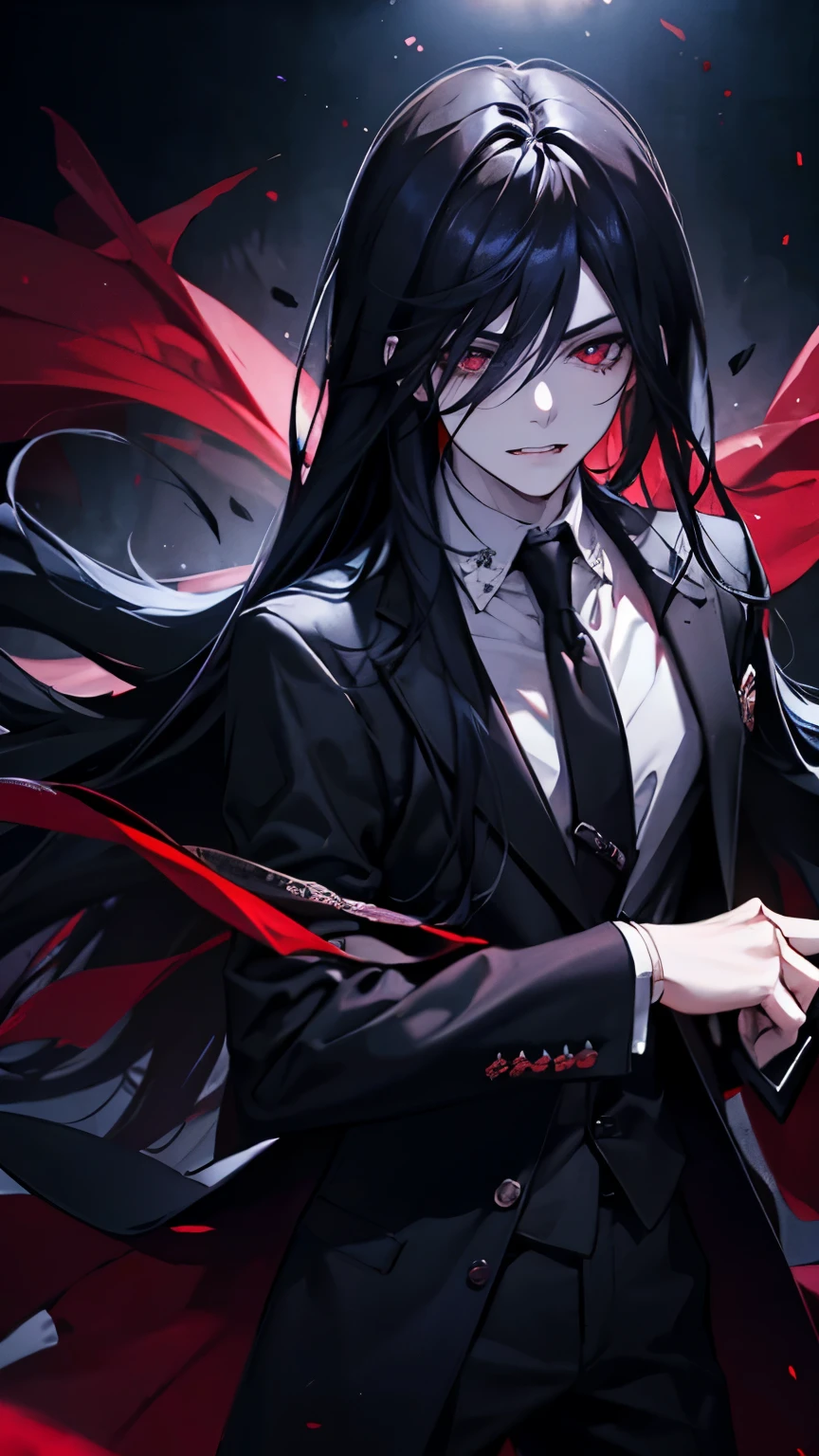 (best quality), 1man,Masculinity,One with long black hair,red eyes,vampire,Open your mouth to show your fangs,Gorgeous dark atmosphere, Wear a black suit,late night