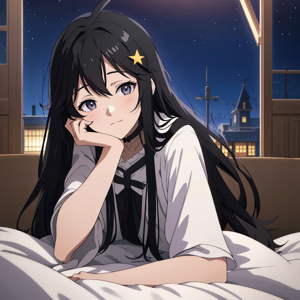 anime girl，long black hair，scene view,Sky,anime style,on the bed, house light ,night,, headrest, strong angle, curtsey ，star hair accessories