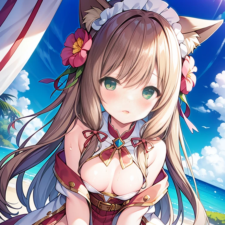 (masterpiece, highest quality, High resolution), 1 girl, alone, Oversized fox tail，long brown hair，green eyes，small flower headdress, (, junior high hitecture，(blush:1.3),showing , , pink ,appear ,wet body , mature woman, upper body close-up，open your mouth_white discharge, unidentified pus，transparent nipples,nsfw