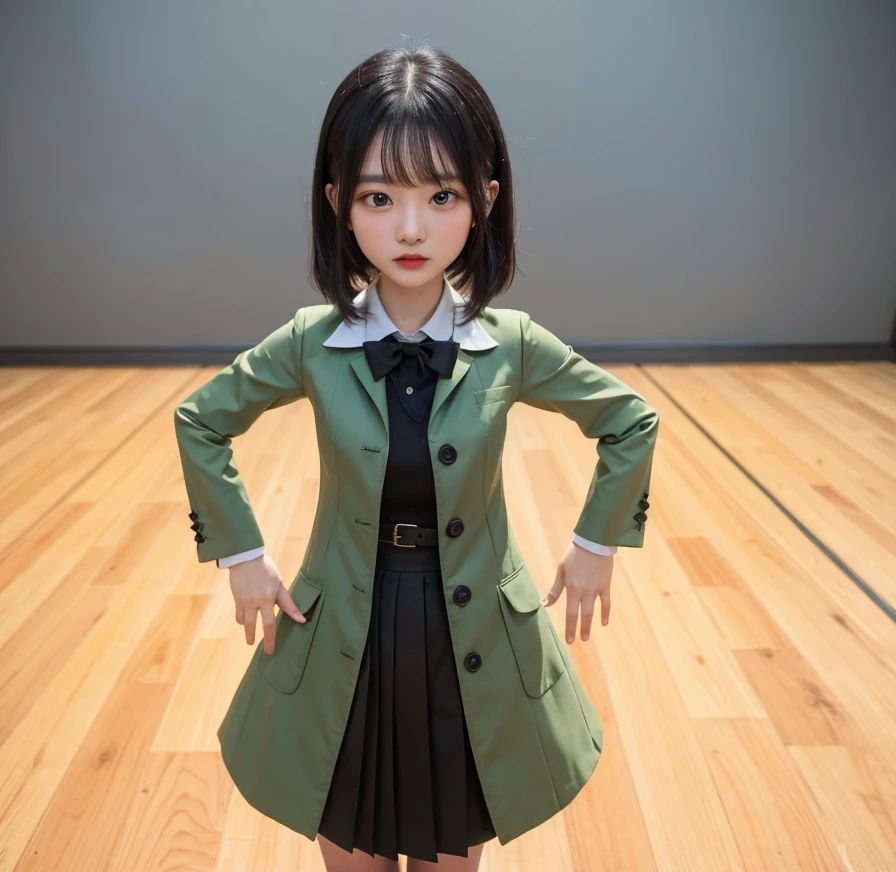 single girl in a green coat and black dress standing on a wooden floor, magical school student uniform, magic school uniform, cloth sim, ray tracing, vivid color, black short hair, paint splash, Super fine detail,work,Authentic texture, clear eyes, beauty eyes, perfect cute face