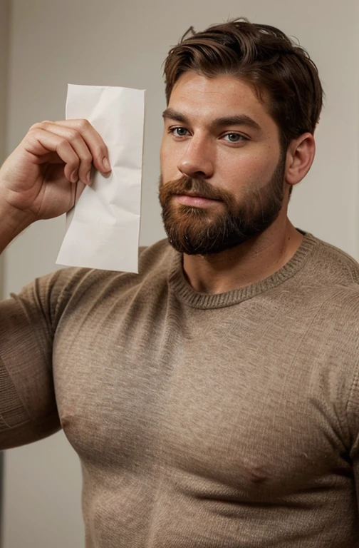 Create a portrait photo of a muscular man in a sweater with short brown hair and a full beard. His physique is very robust. He should hold a white sheet of paper with both hands