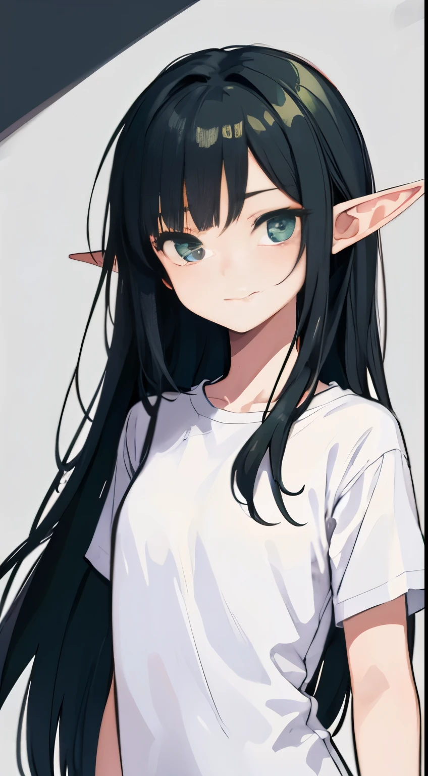 one girl,best quality,ultra-detailed, Long black hair,elf-like ears, deep green-eyed girl anime, wearing an archaic smile, tranquil expression, Seems timid,flat anime-style shading, vector-shaded anime, cute natural anime face, subtle anime style, cute anime face, her wearing white Tshirt,bust up, 