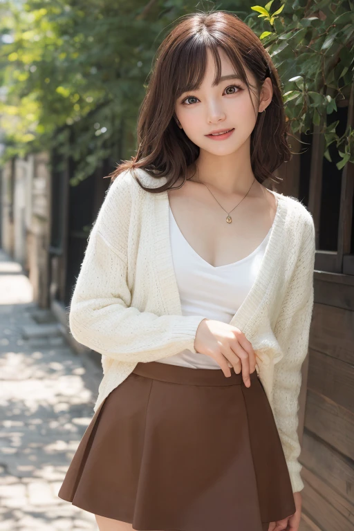 Laughter、smile、night、born、(((ultimate beauty portrait)))、((glowing skin))、1 girl、15 year old beautiful girl from Prague、bright look、((brown hair))、(cleavage)、(flare skirt:1.5)、((Big eyes that shine like jewels))、open cardigan、open your clothes、pantyhose、Glossy and glossy skin、(medium hair)、(silky ponytail hair)、( Are standing)、(from below)、under the skirt、(from below下着の接写)、eyeliner、beautiful bangs、hair between eyes、((masterpiece、最high quality、super detailed、film light、intricate details、High resolution、very detailed))、detailed background、8KUHD、Digital single-lens reflex camera、soft light、high quality、film grain、Film XT3 、shallow depth of field、natural soft light、Kamimei、rich bust、